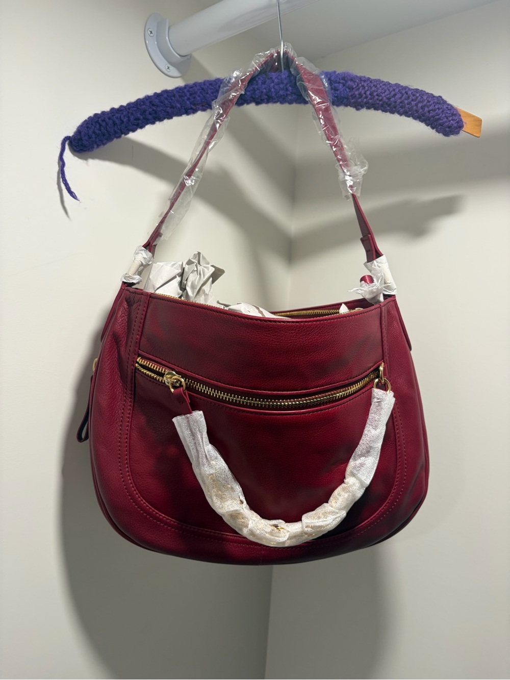 Halogen Burgundy Leather Shoulder Bag with Gold Zipper